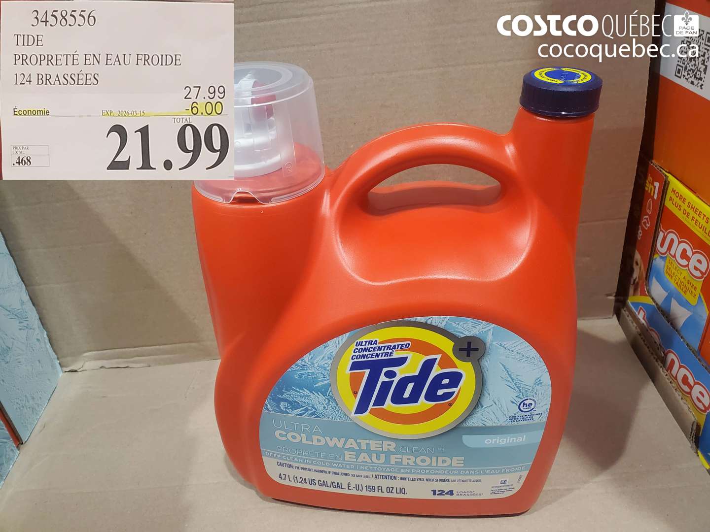 3458556 TIDE PROPRETÉ EN EAU FROIDE 124 BRASSÉES ($6.00 INSTANT SAVINGS EXPIRES ON 2026-03-15) $21.99