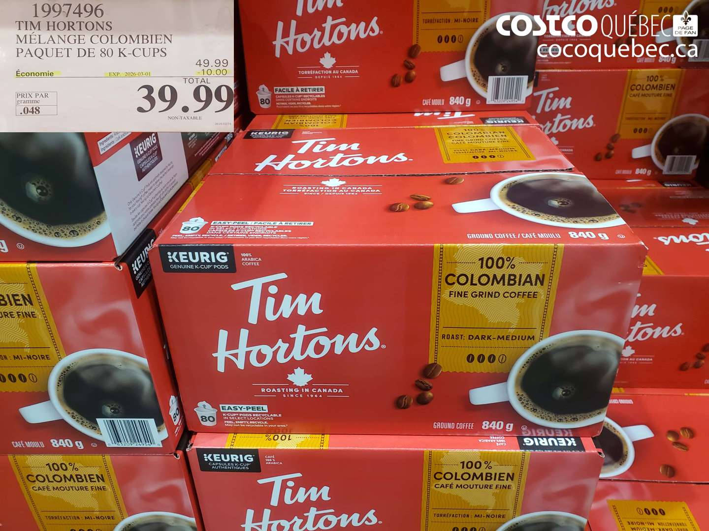 1997496 TIM HORTONS MÉLANGE COLOMBIEN PAQUET DE 80 K-CUPS ($10.00 INSTANT SAVINGS EXPIRES ON 2026-03-01) $39.99