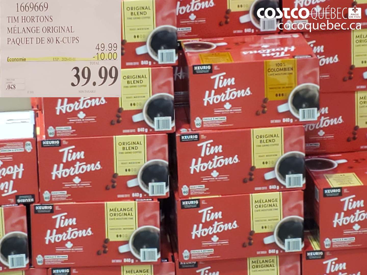1669669 TIM HORTONS MÉLANGE ORIGINAL PAQUET DE 80 K-CUPS ($10.00 INSTANT SAVINGS EXPIRES ON 2026-03-01) $39.99