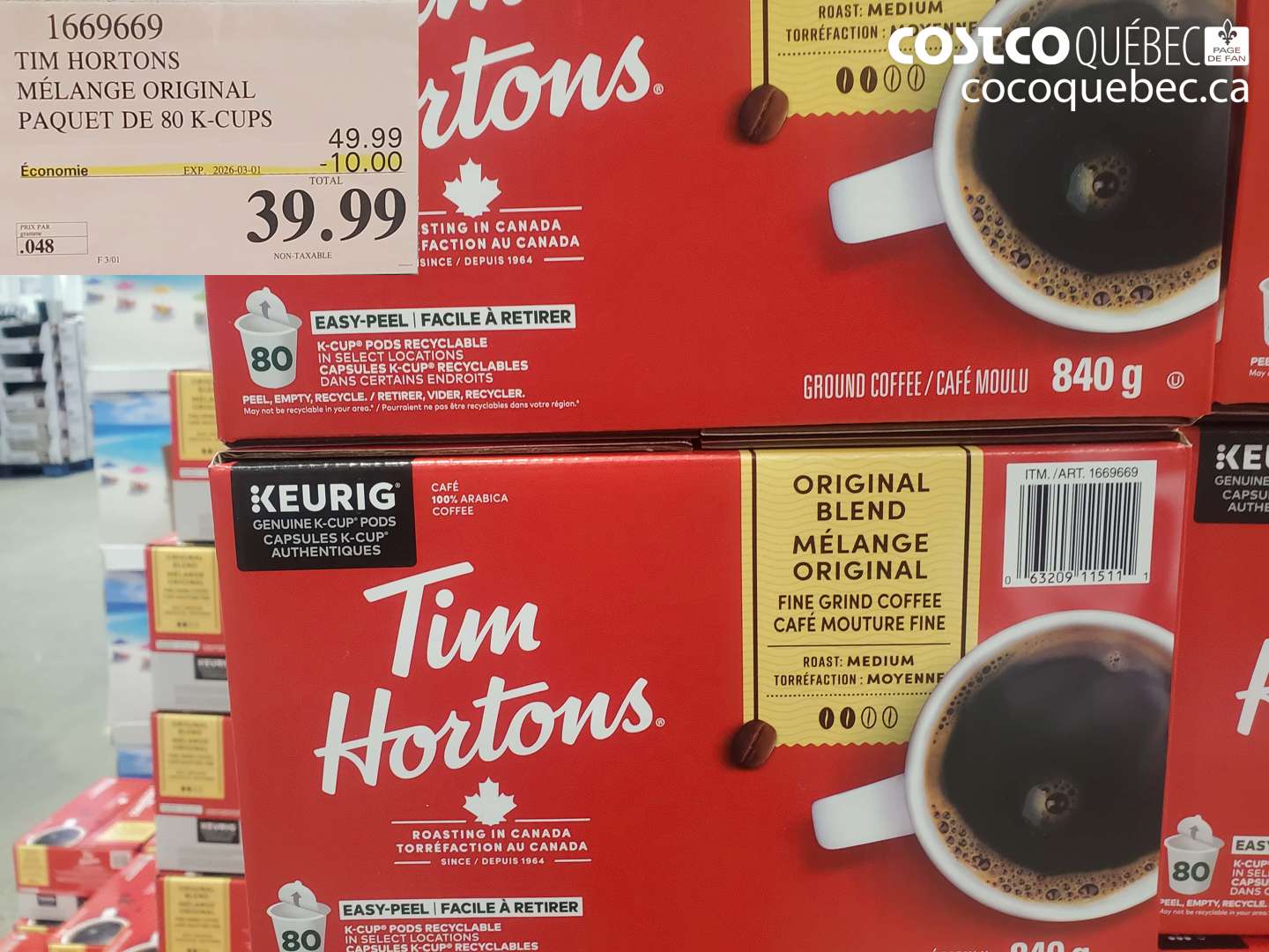 1669669 TIM HORTONS MÉLANGE ORIGINAL PAQUET DE 80 K-CUPS ($10.00 INSTANT SAVINGS EXPIRES ON 2026-03-01) $39.99