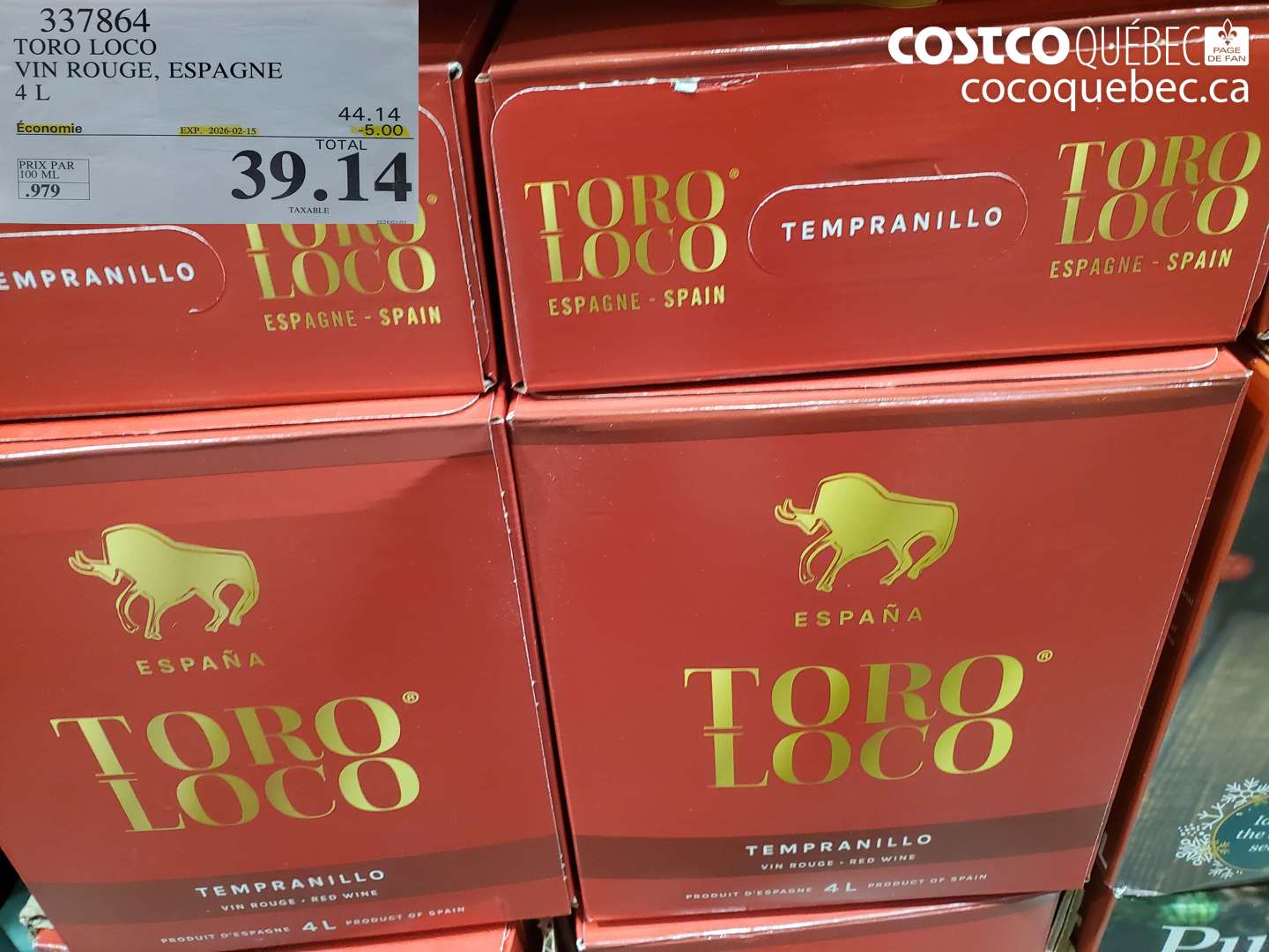 337864 TORO LOCO VIN ROUGE, ESPAGNE 4 L ($5.00 INSTANT SAVINGS EXPIRES ON 2026-02-15) $39.14