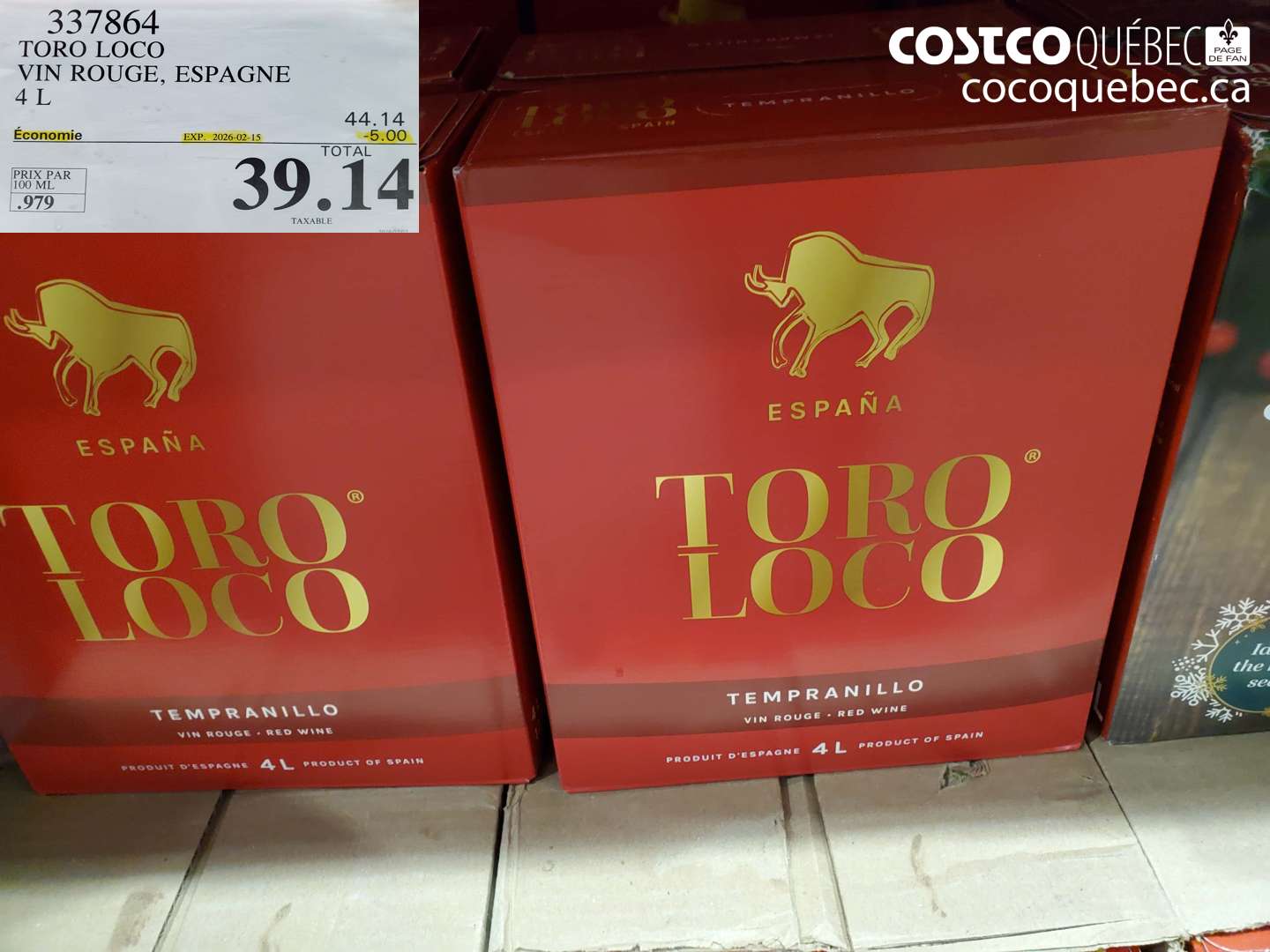 337864 TORO LOCO VIN ROUGE, ESPAGNE 4 L ($5.00 INSTANT SAVINGS EXPIRES ON 2026-02-15) $39.14
