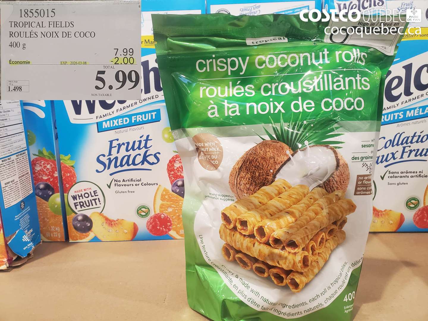 1855015 TROPICAL FIELDS ROULÉS NOIX DE COCO 400 G ($2.00 INSTANT SAVINGS EXPIRES ON 2026-03-08) $5.99