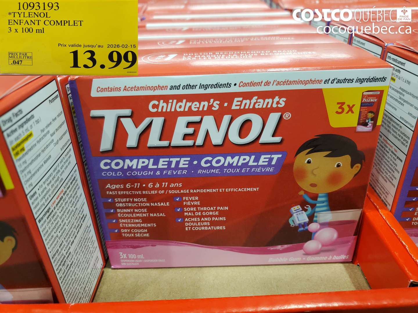 1093193 TYLENOL ENFANT COMPLET 3 x 100 ml (EXPIRES ON 2026-02-15) $13.99
