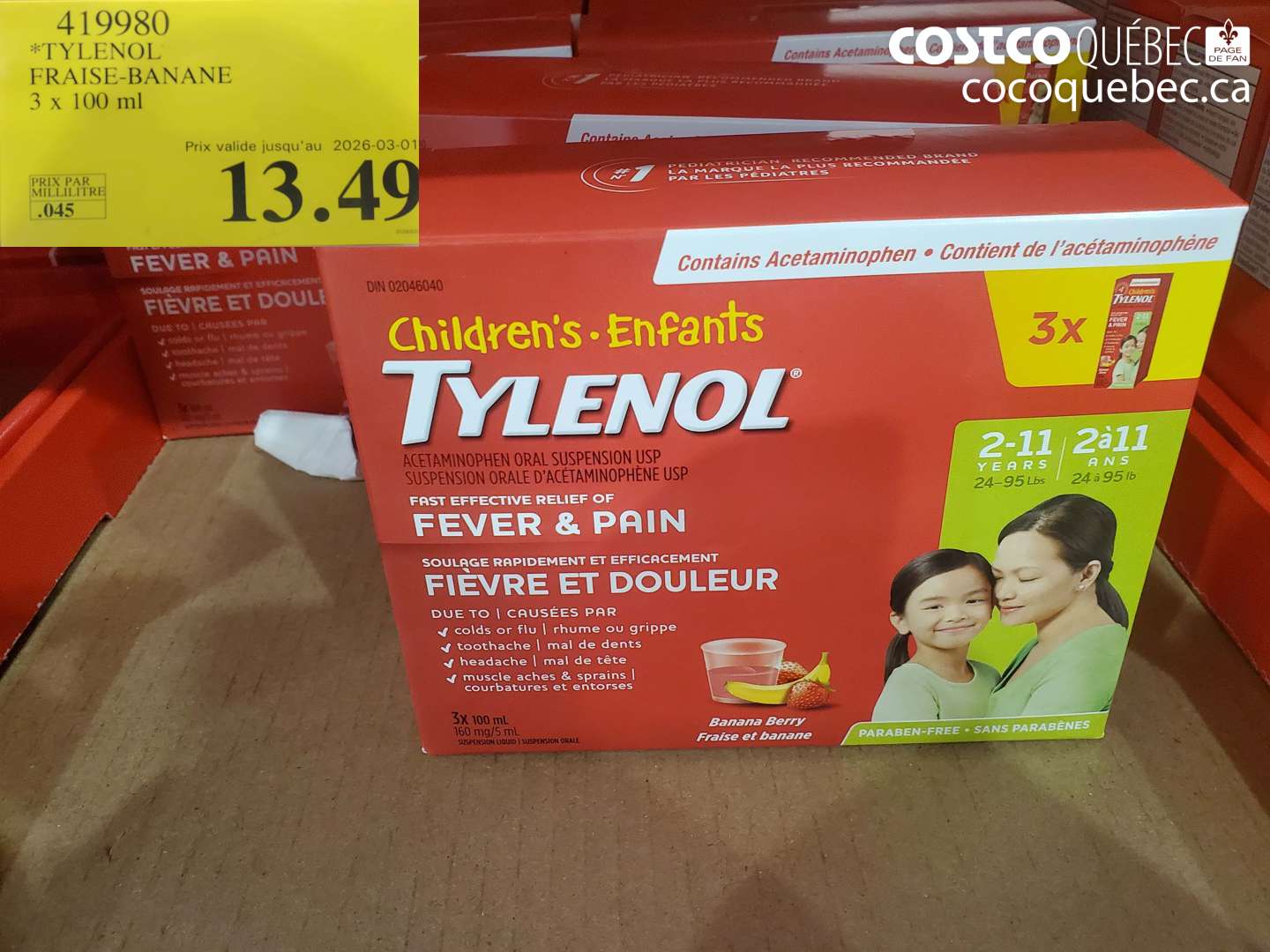 419980 TYLENOL FRAISE-BANANE 3 x 100 ml (EXPIRES ON 2026-03-01) $13.49