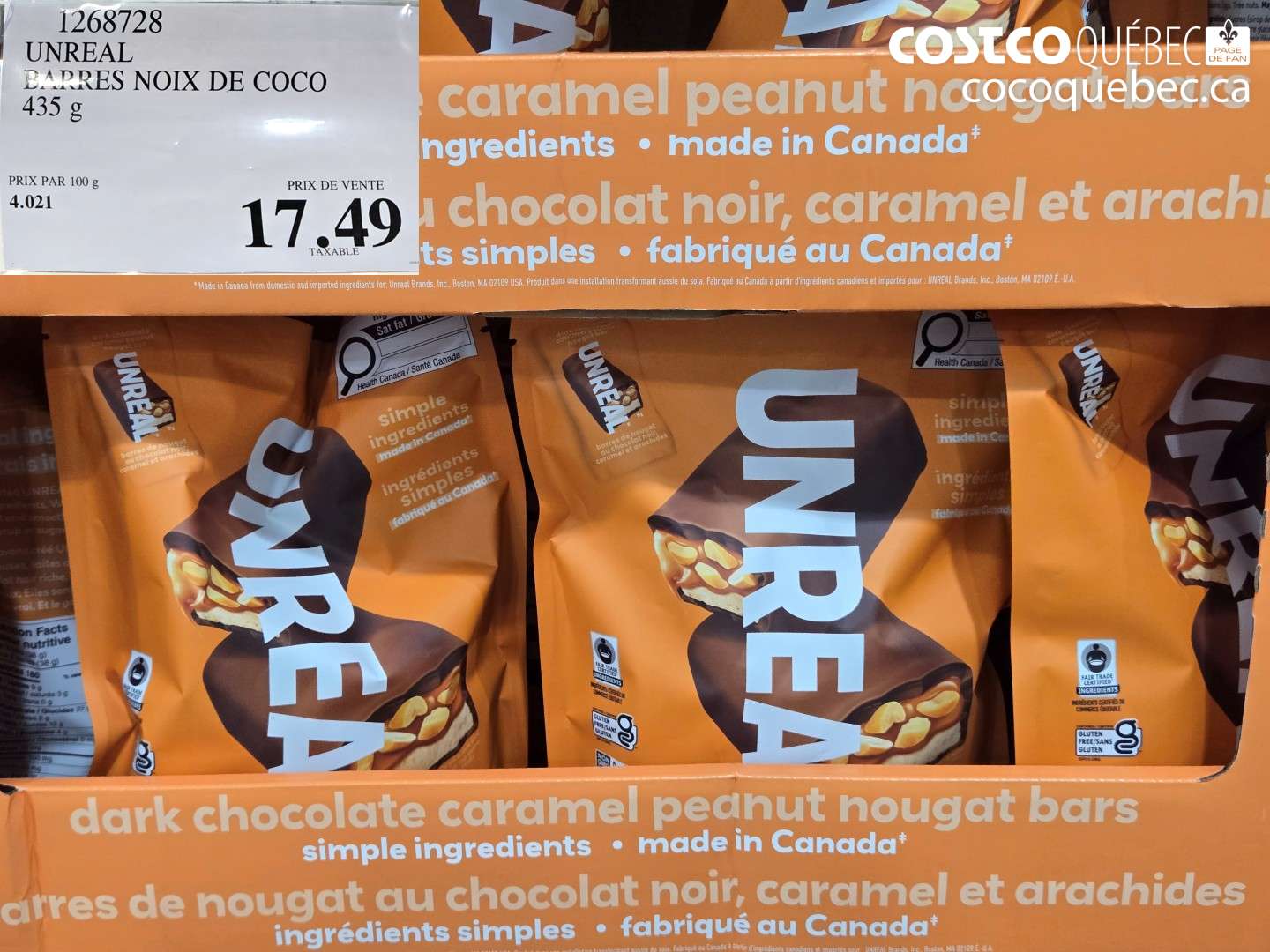 1268728 UNREAL BARRES NOIX DE COCO 435 g $17.49
