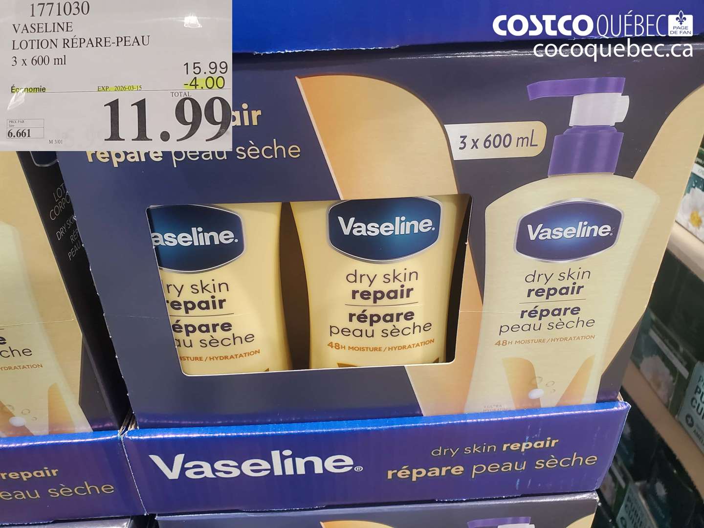 1771030 VASELINE LOTION RÉPARE-PEAU 3 x 600 ml ($4.00 INSTANT SAVINGS EXPIRES ON 2026-03-15) $11.99