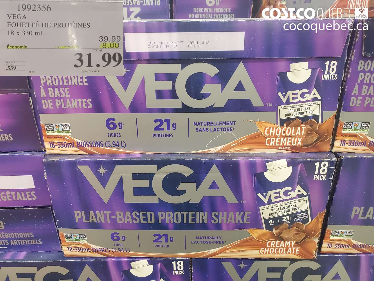 1992356 VEGA FOUETTÉ DE PROTÉINES 18 x 330 mL ($8.00 INSTANT SAVINGS EXPIRES ON 2026-03-15) $31.99
