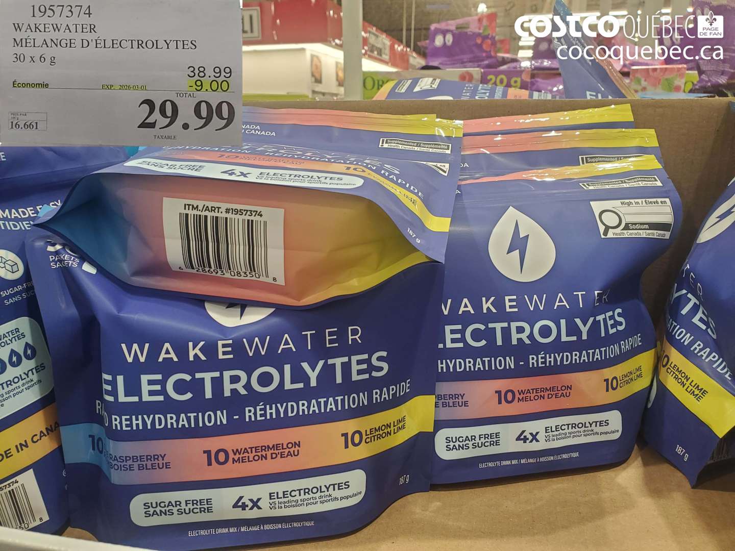 1957374 WAKEWATER MÉLANGE D'ÉLECTROLYTES 30 X 6 G ($9.00 INSTANT SAVINGS EXPIRES ON 2026-03-01) $29.99