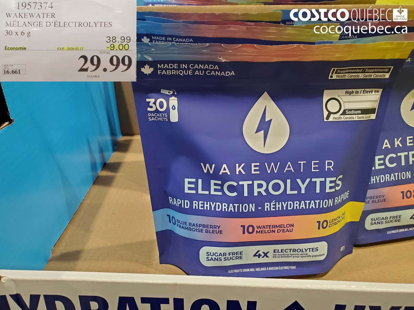1957374 WAKEWATER MÉLANGÉ D'ÉLECTROLYTES 30 x 6 g ($9.00 INSTANT SAVINGS EXPIRES ON 2026-02-12) $29.99