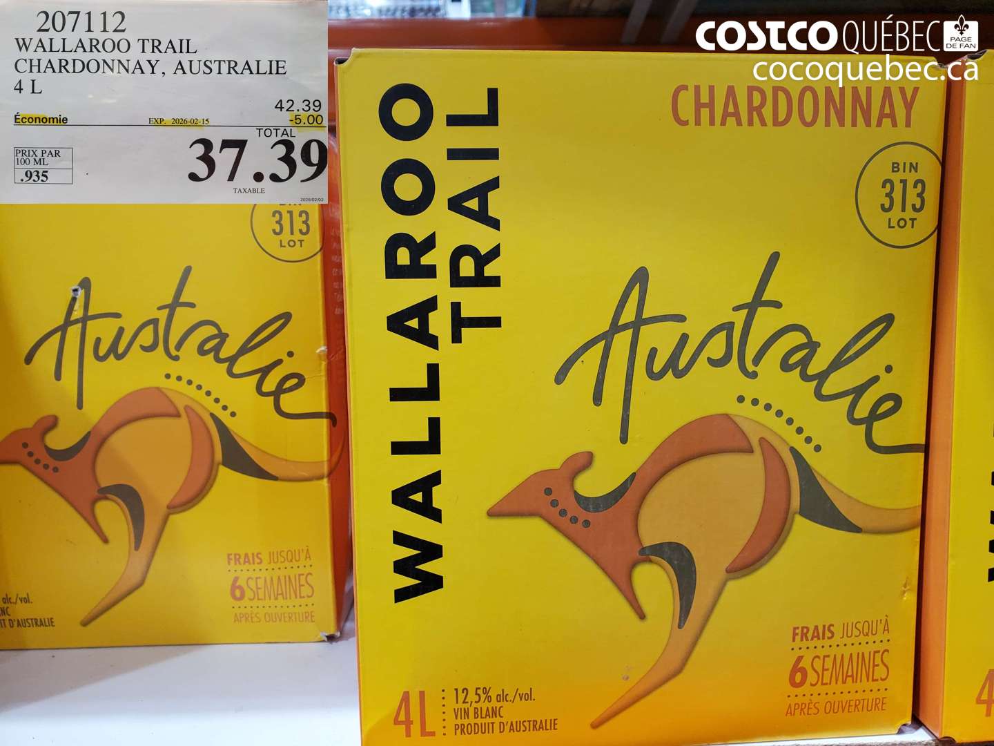 207112 WALLAROO TRAIL CHARDONNAY, AUSTRALIE 4 L ($5.00 INSTANT SAVINGS EXPIRES ON 2026-02-15) $37.39