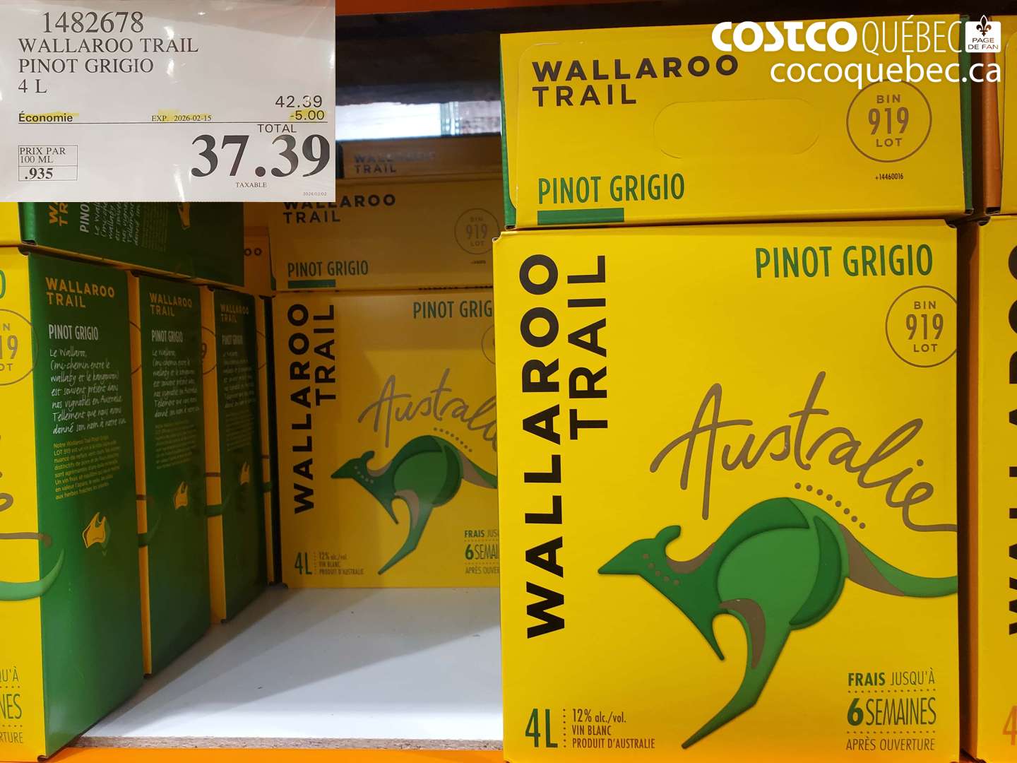 1482678 WALLAROO TRAIL PINOT GRIGIO 4 L ($5.00 INSTANT SAVINGS EXPIRES ON 2026-02-15) $37.39