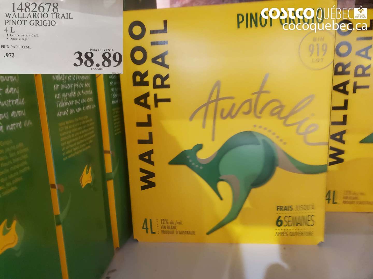 1482678 WALLAROO TRAIL PINOT GRIGIO 4 L $38.89