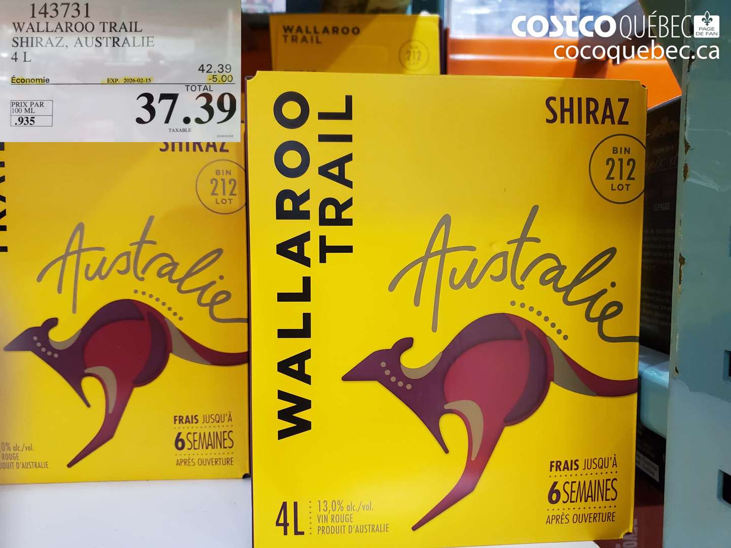 143731 WALLAROO TRAIL SHIRAZ, AUSTRALIE 4 L ($5.00 INSTANT SAVINGS EXPIRES ON 2026-02-15) $37.39