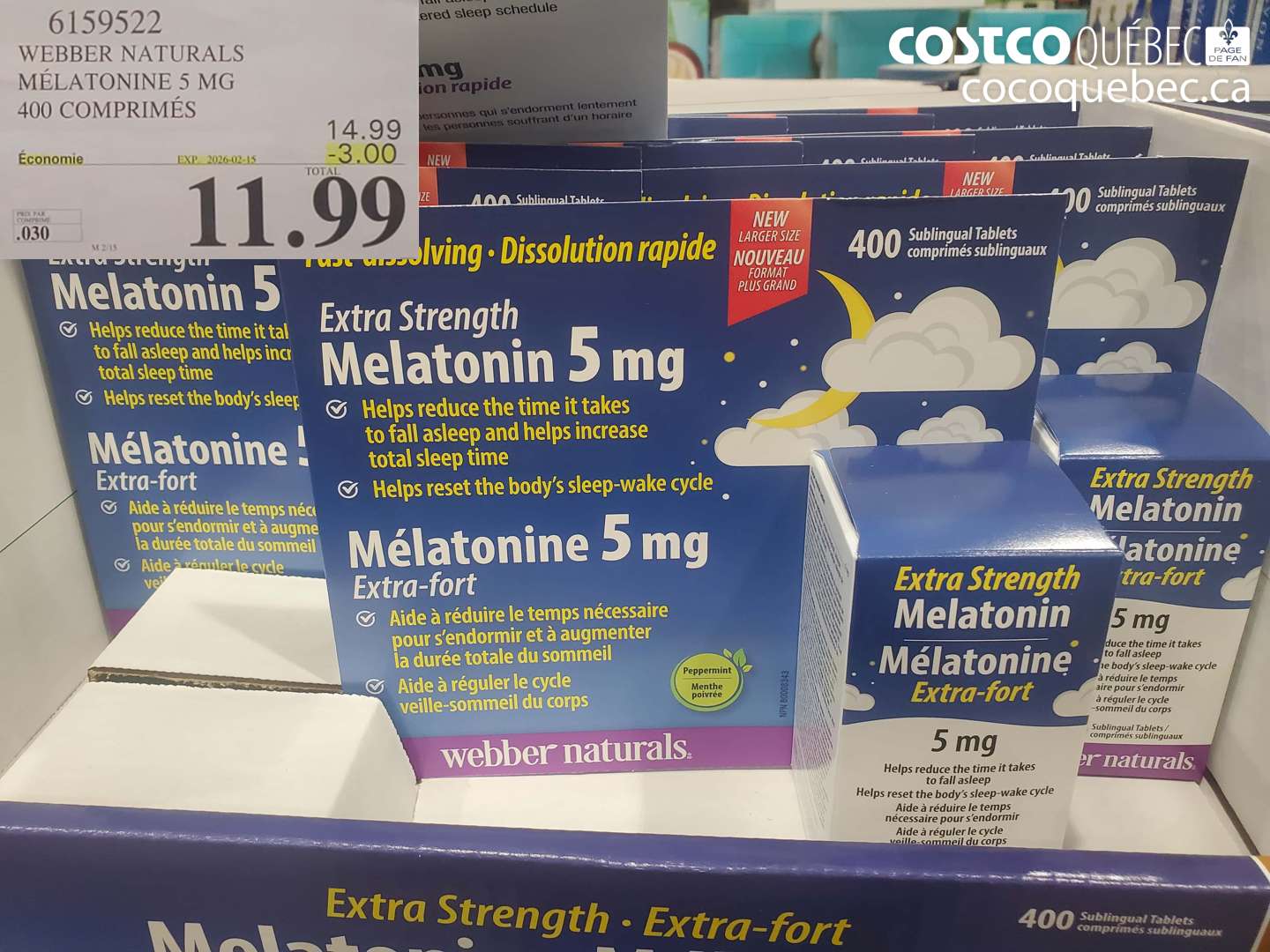 6159522 WEBBER NATURALS MÉLATONINE 5 MG 400 COMPRIMÉS ($3.00 INSTANT SAVINGS EXPIRES ON 2026-02-15) $11.99