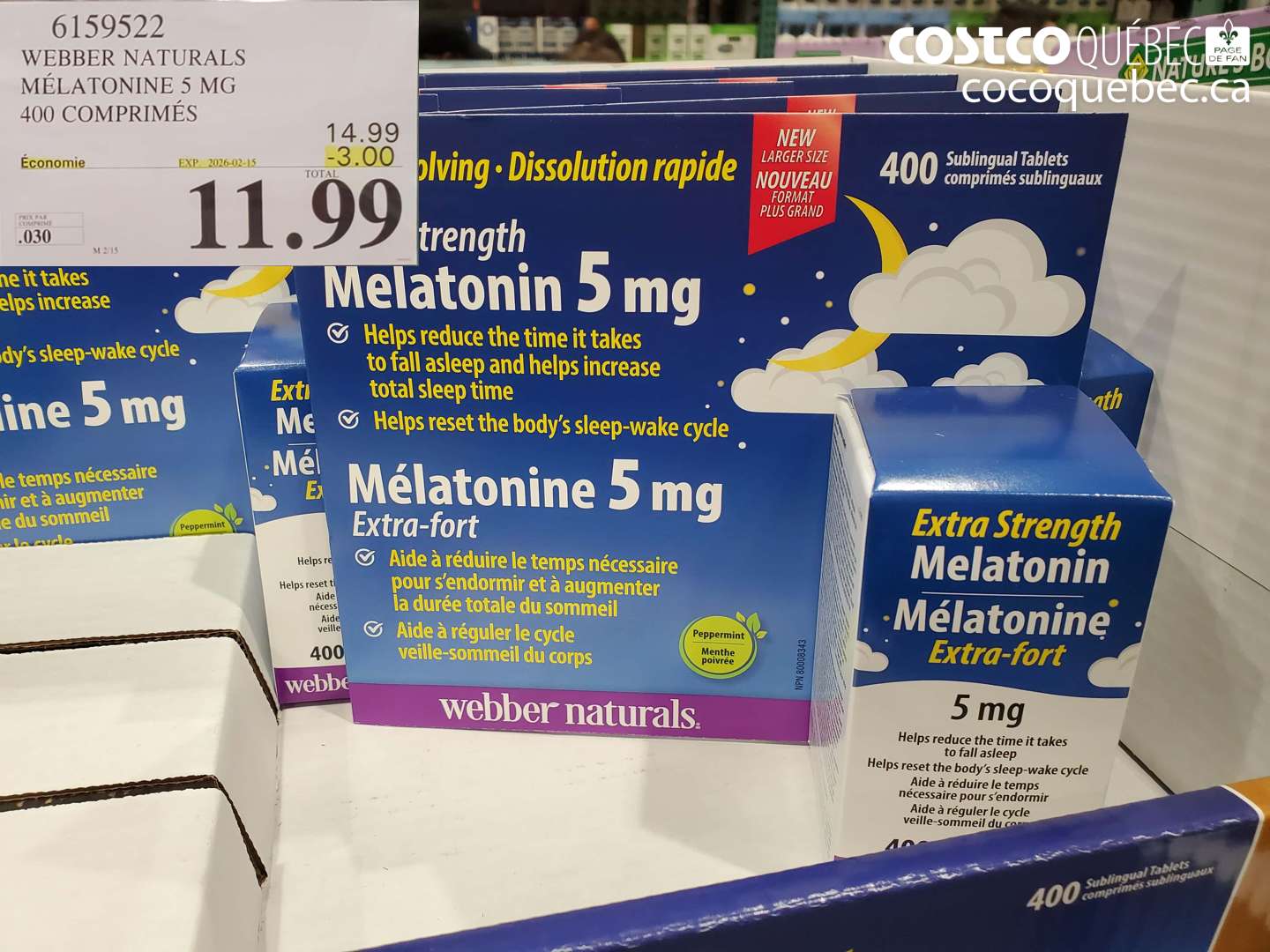 6159522 WEBBER NATURALS MÉLATONINE 5 MG 400 COMPRIMÉS ($3.00 INSTANT SAVINGS EXPIRES ON 2026-02-15) $11.99