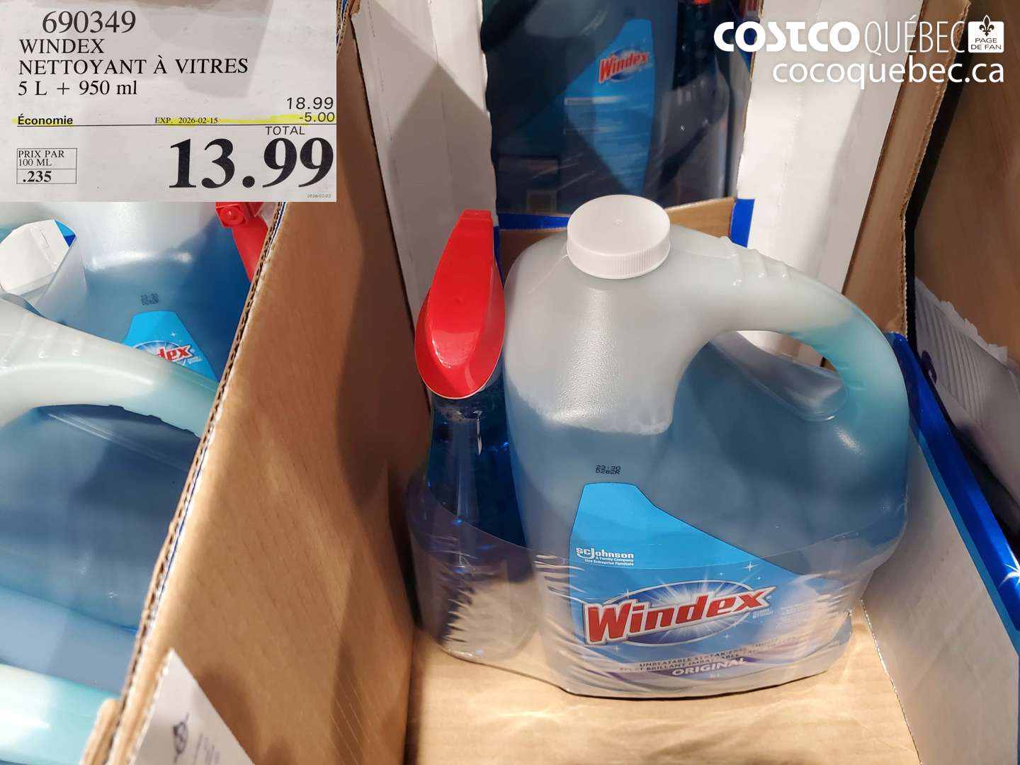 690349 WINDEX NETTOYANT À VITRES 5 L + 950 ml ($5.00 INSTANT SAVINGS EXPIRES ON 2026-02-15) $13.99