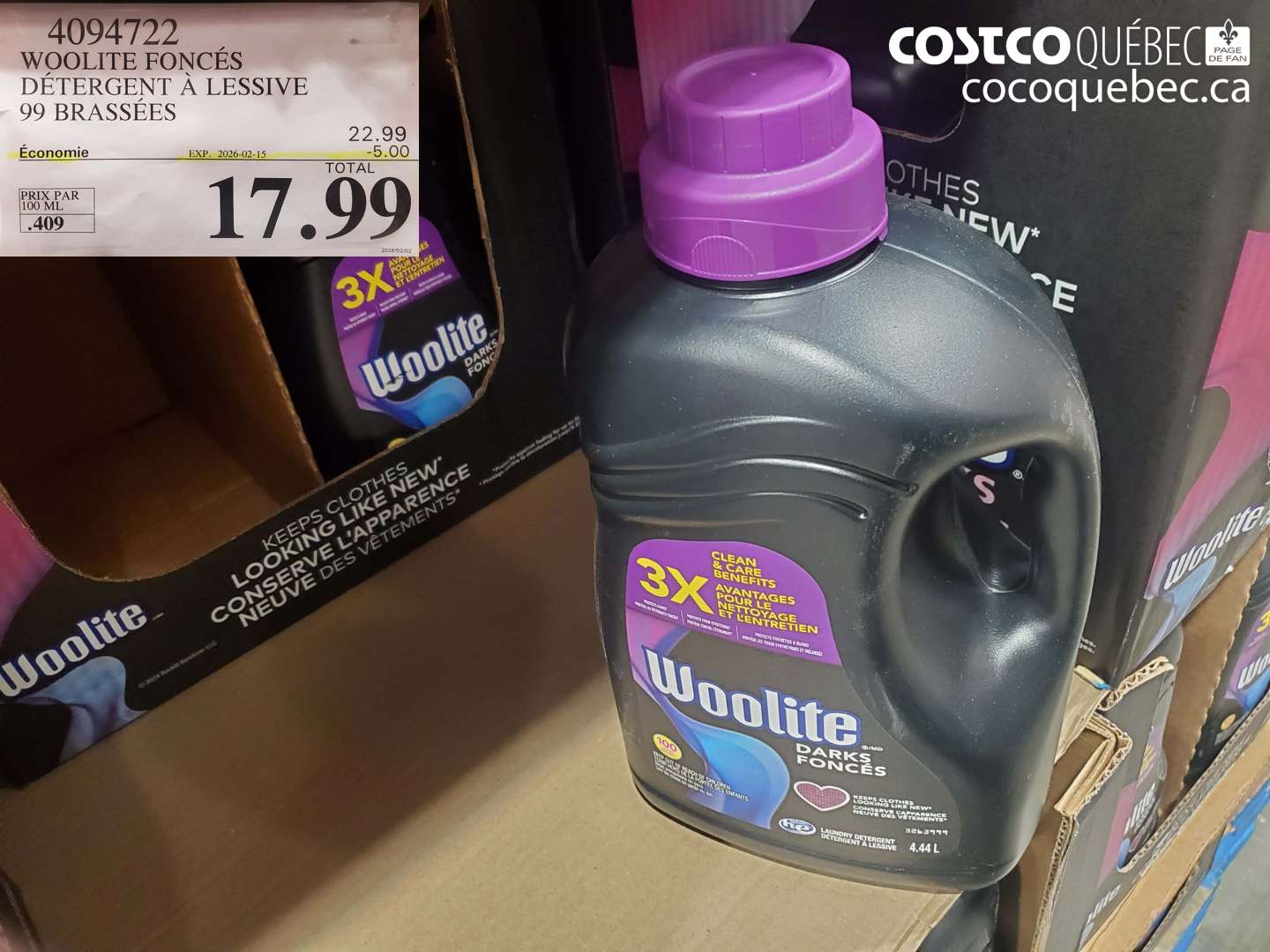 4094722 WOOLITE FONCÉS DÉTERGENT À LESSIVE 99 BRASSÉES ($5.00 INSTANT SAVINGS EXPIRES ON 2026-02-15) $17.99