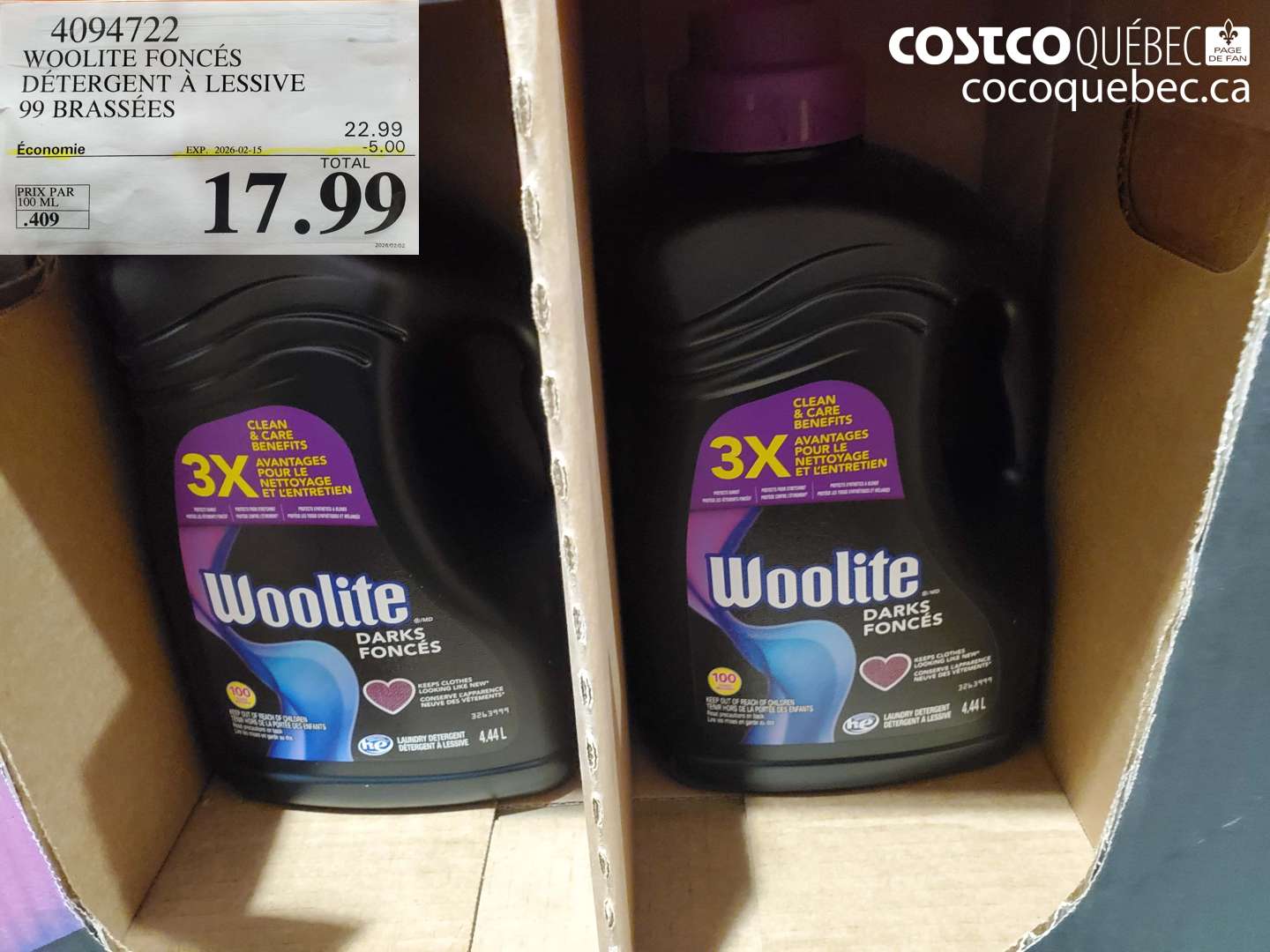 4094722 WOOLITE FONCÉS DÉTERGENT À LESSIVE 99 BRASSÉES ($5.00 INSTANT SAVINGS EXPIRES ON 2026-02-15) $17.99