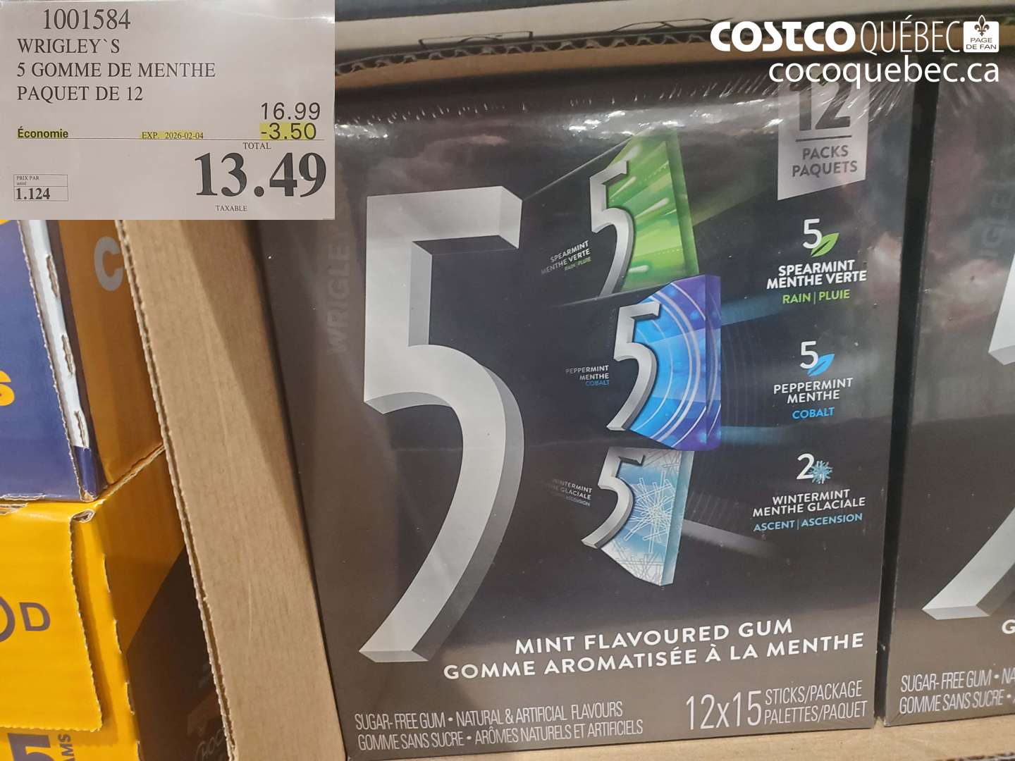 1001584 WRIGLEY'S 5 GOMME DE MENTHE PAQUET DE 12 ($3.50 INSTANT SAVINGS EXPIRES ON 2026-02-04) $13.49