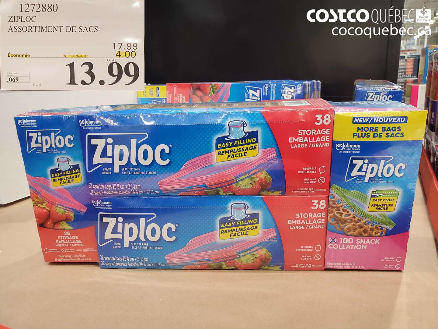 1272880 ZIPLOC ASSORTIMENT DE SACS ($4.00 INSTANT SAVINGS EXPIRES ON 2026-02-15) $13.99