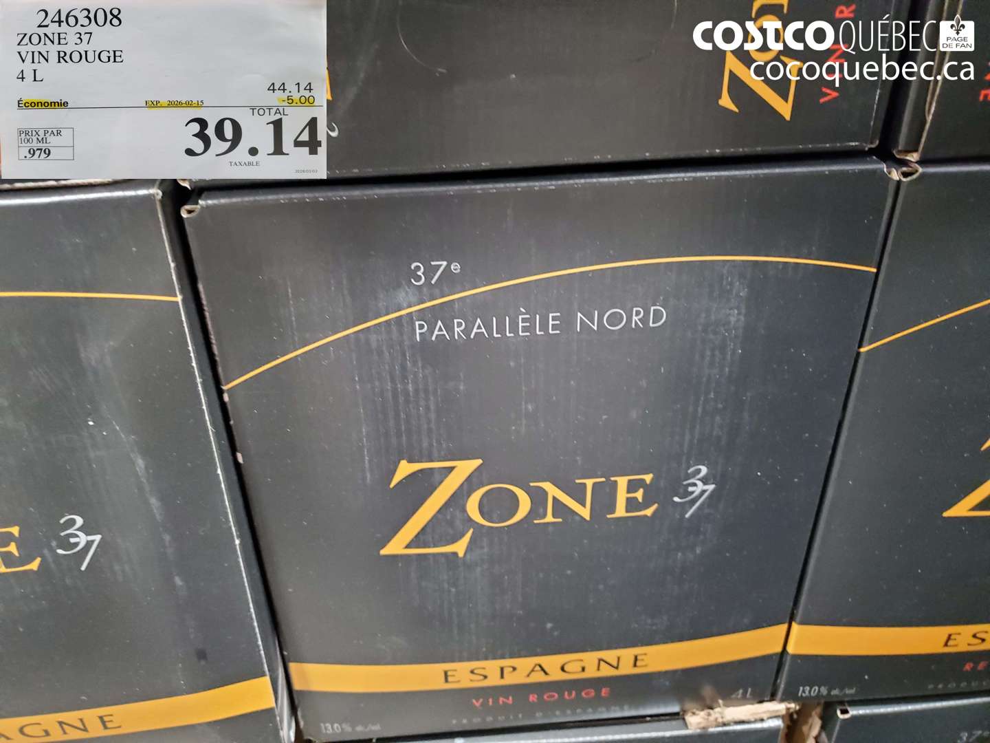246308 ZONE 37 VIN ROUGE 4 L ($5.00 INSTANT SAVINGS EXPIRES ON 2026-02-15) $39.14