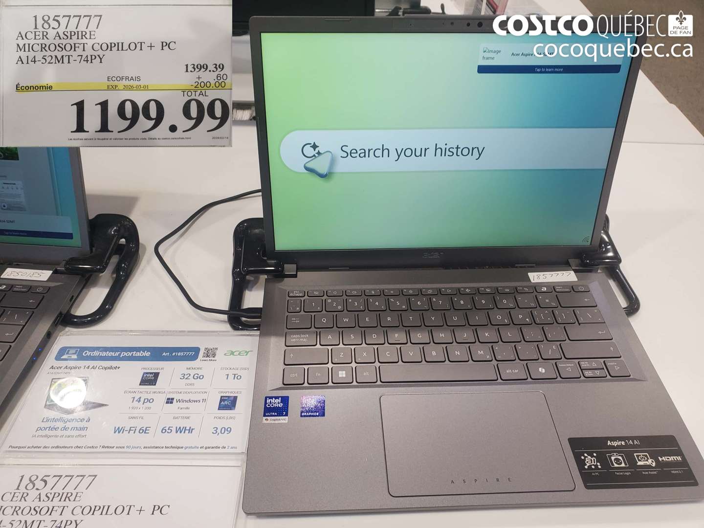 1857777 ACER ASPIRE MICROSOFT COPILOT + PC A14-52MT-74PY ($200.00 INSTANT SAVINGS EXPIRES ON 2026-03-01) $1199.99