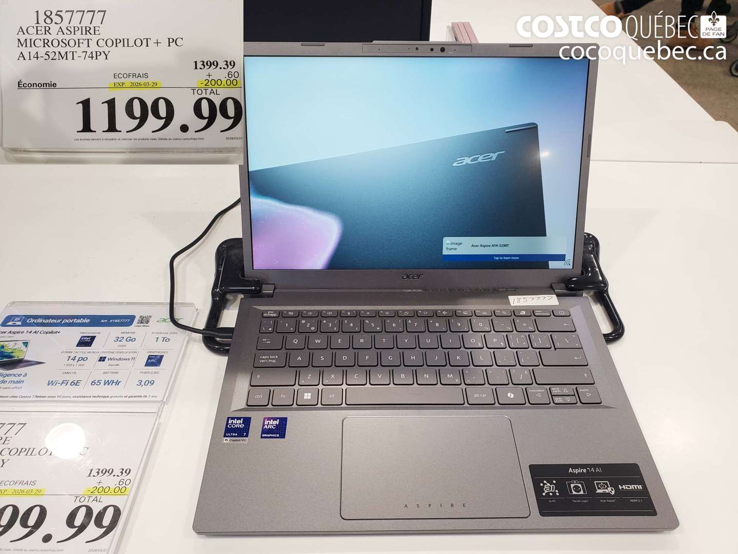 1857777 ACER ASPIRE MICROSOFT COPILOT + PC A14-52MT-74PY ($200.00 INSTANT SAVINGS EXPIRES ON 2026-03-29) $1199.99