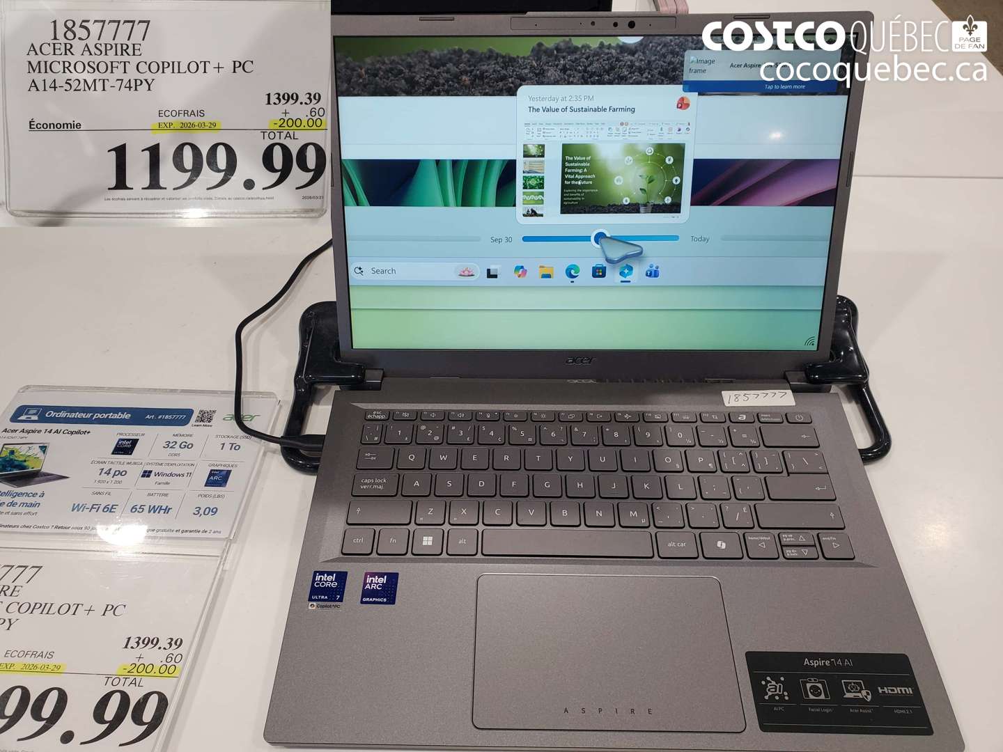 1857777 ACER ASPIRE MICROSOFT COPILOT + PC A14-52MT-74PY ($200.00 INSTANT SAVINGS EXPIRES ON 2026-03-29) $1199.99