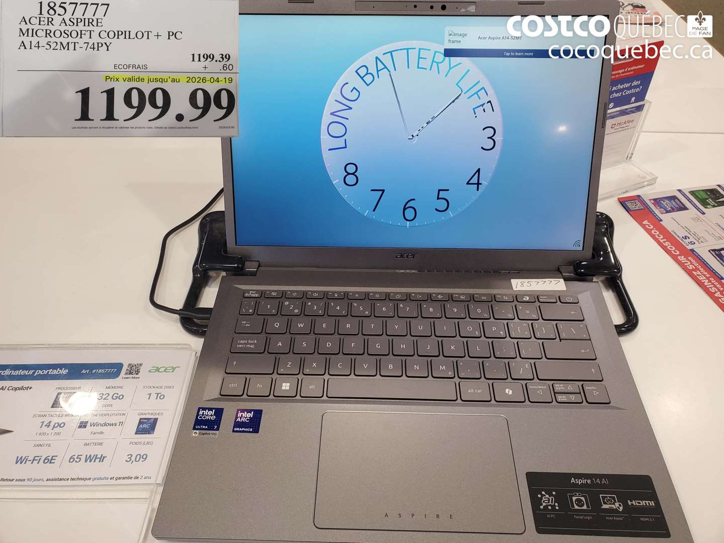 1857777 ACER ASPIRE MICROSOFT COPILOT + PC A14-52MT-74PY (EXPIRES ON 2026-04-19) $1199.99