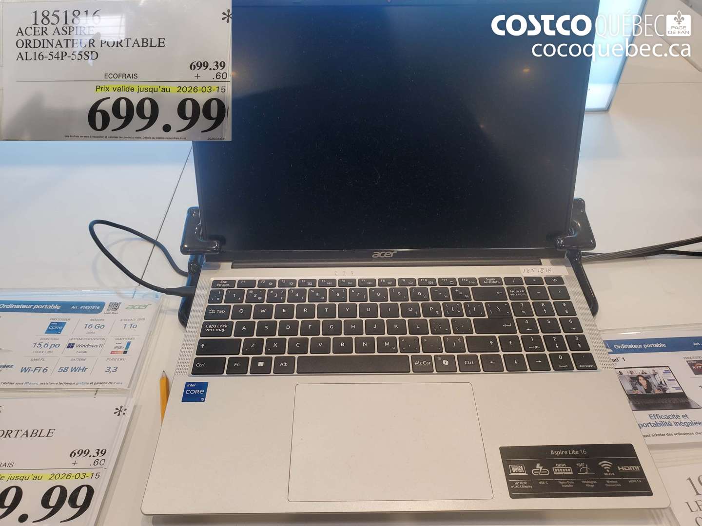 1851816 ACER ASPIRE ORDINATEUR PORTABLE AL16-54P-55SD (EXPIRES ON 2026-03-15) $699.99