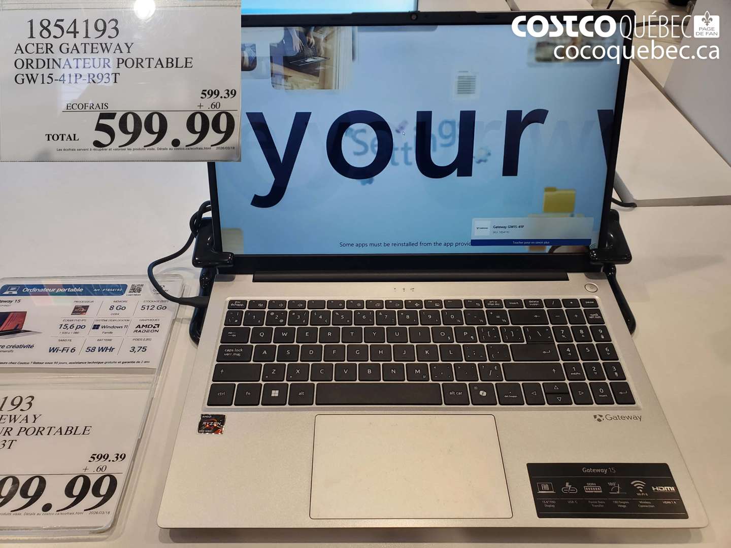 1854193 ACER GATEWAY ORDINATEUR PORTABLE GW15-41P-R93T $599.99