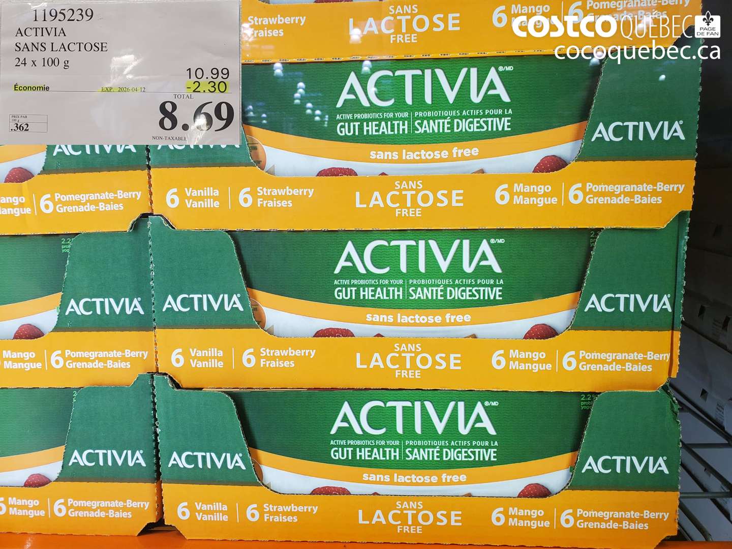 1195239 ACTIVIA SANS LACTOSE 24 X 100 G ($2.30 INSTANT SAVINGS EXPIRES ON 2026-04-12) $8.69