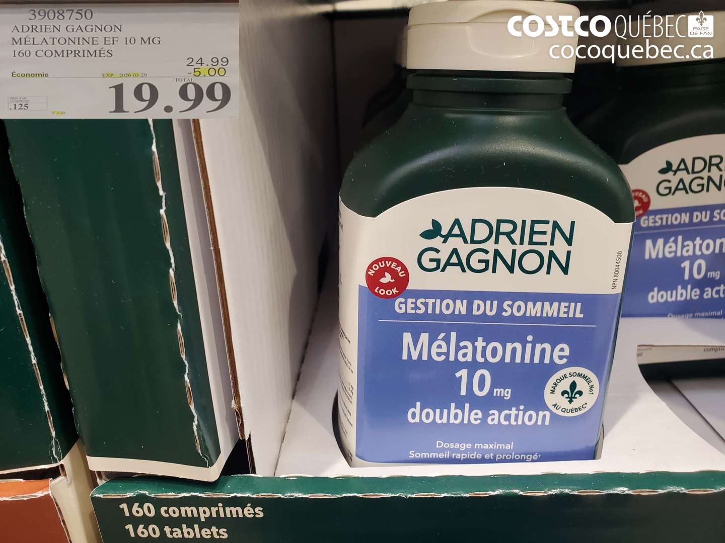 3908750 ADRIEN GAGON MÉLATONINE EF 10 MG 160 COMPRIMÉS ($5.00 INSTANT SAVINGS EXPIRES ON 2026-03-29) $19.99