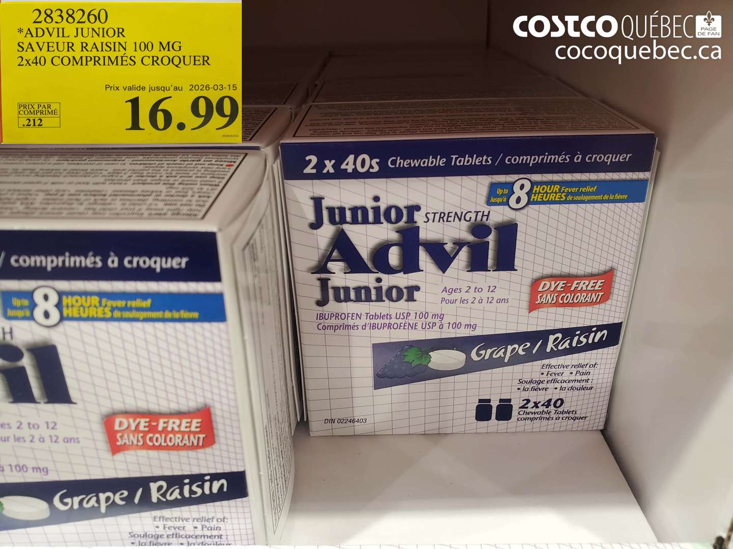 2838260 ADVIL JUNIOR SAVEUR RAISIN 100 MG 2X40 COMPRIMÉS CROQUER (EXPIRES ON 2026-03-15) $16.99