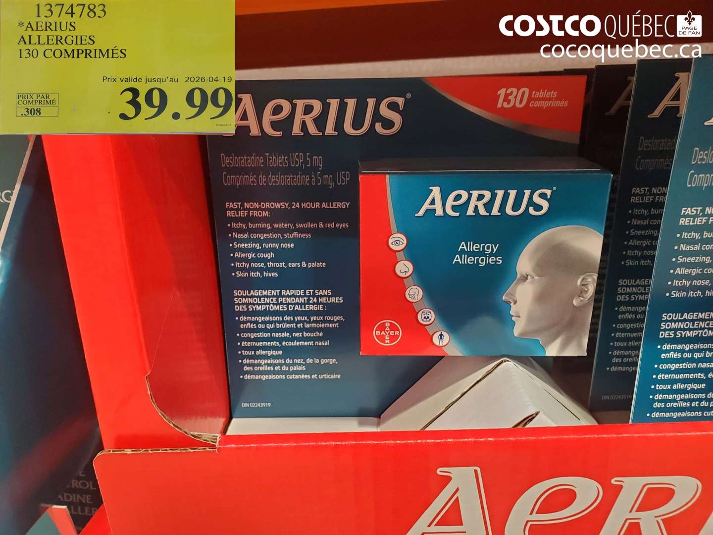 13747483 AERIUS ALLERGIES 130 COMPRIMÉS (EXPIRES ON 2026-04-19) $39.99