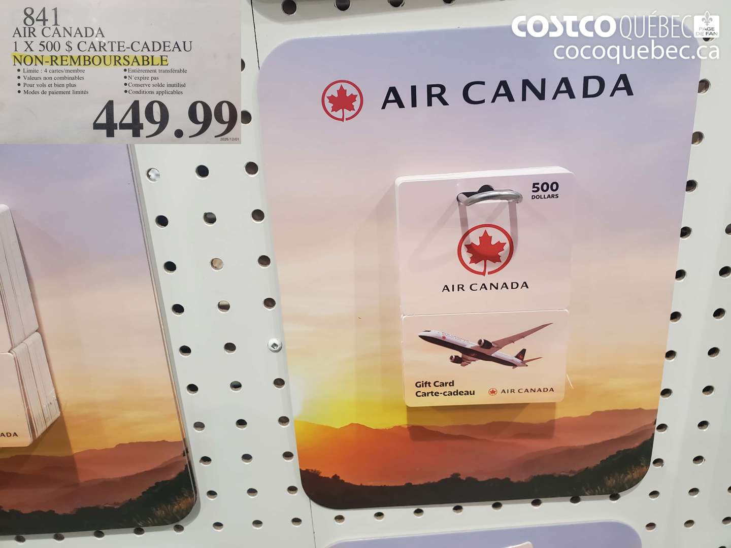 841 AIR CANADA 1 X 50 $ CARTE-CADEAU NON-REMBOURSABLE $449.99