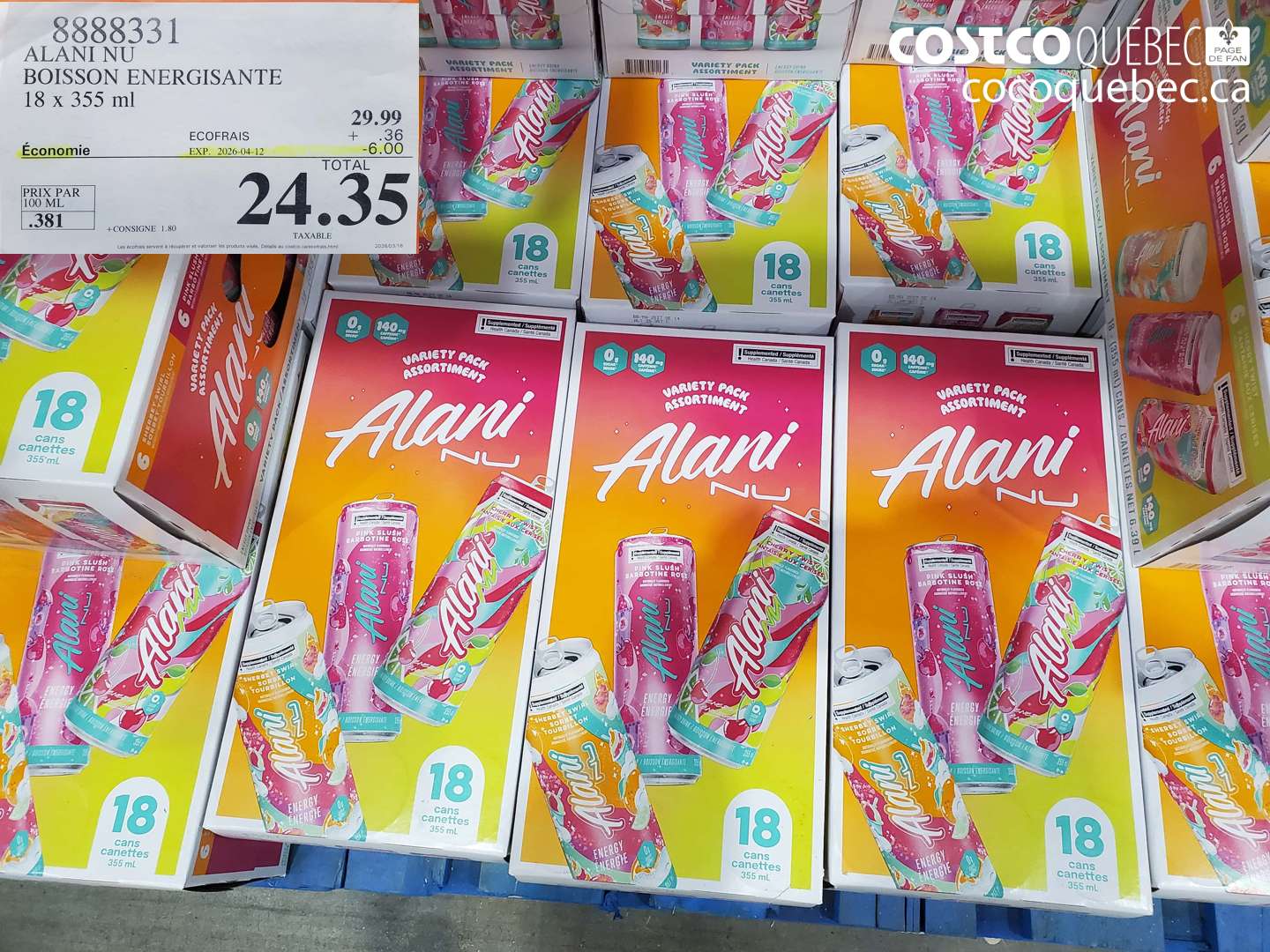 8888331 ALANI NU BOISSON ENERGISANTE 18 X 355 ML ($6.00 INSTANT SAVINGS EXPIRES ON 2026-04-12) $24.35