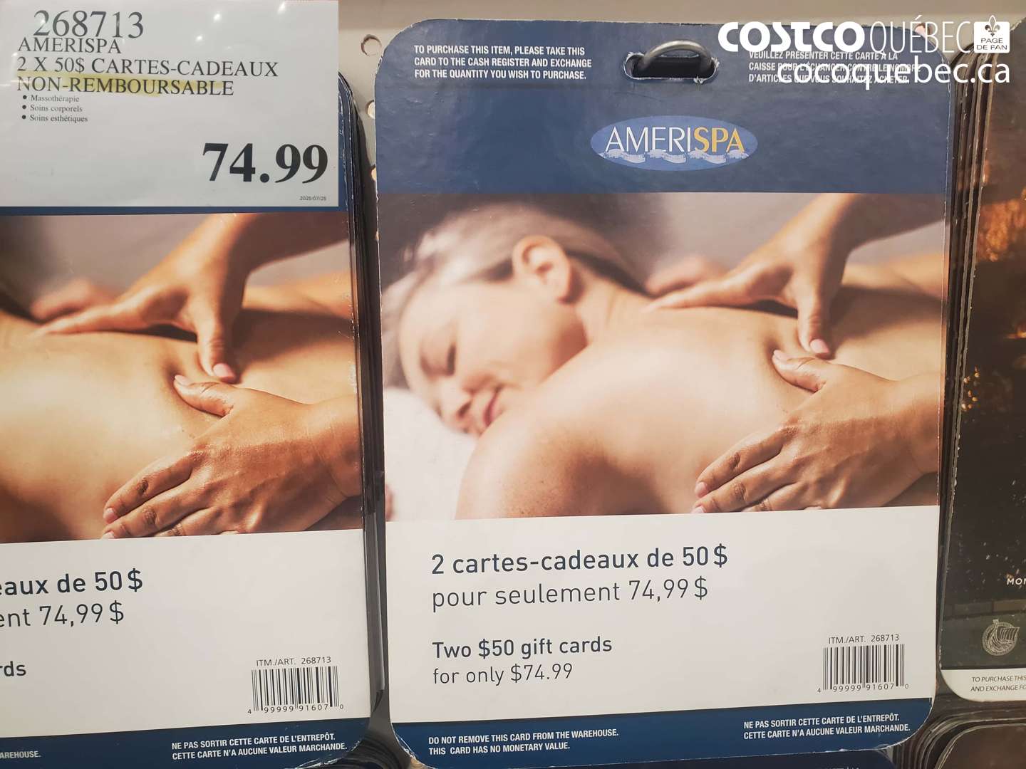 268713 AMERISPA 2 X 50$ CARTES-CADEAUX NON-REMBOURSABLE $74.99