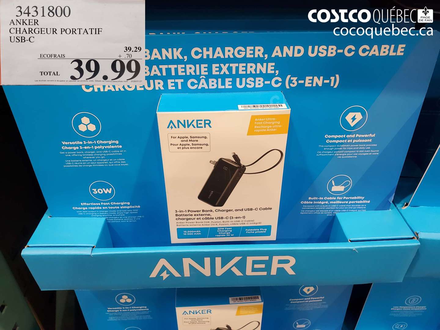 3431800 ANKER CHARGEUR PORTATIF USB-C $39.99