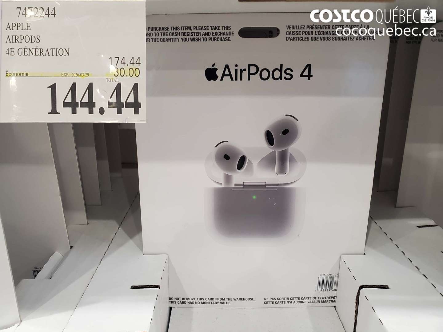7472244 APPLE AIRPODS 4E GÉNÉRATION ($30.00 INSTANT SAVINGS EXPIRES ON 2026-03-29) $144.44