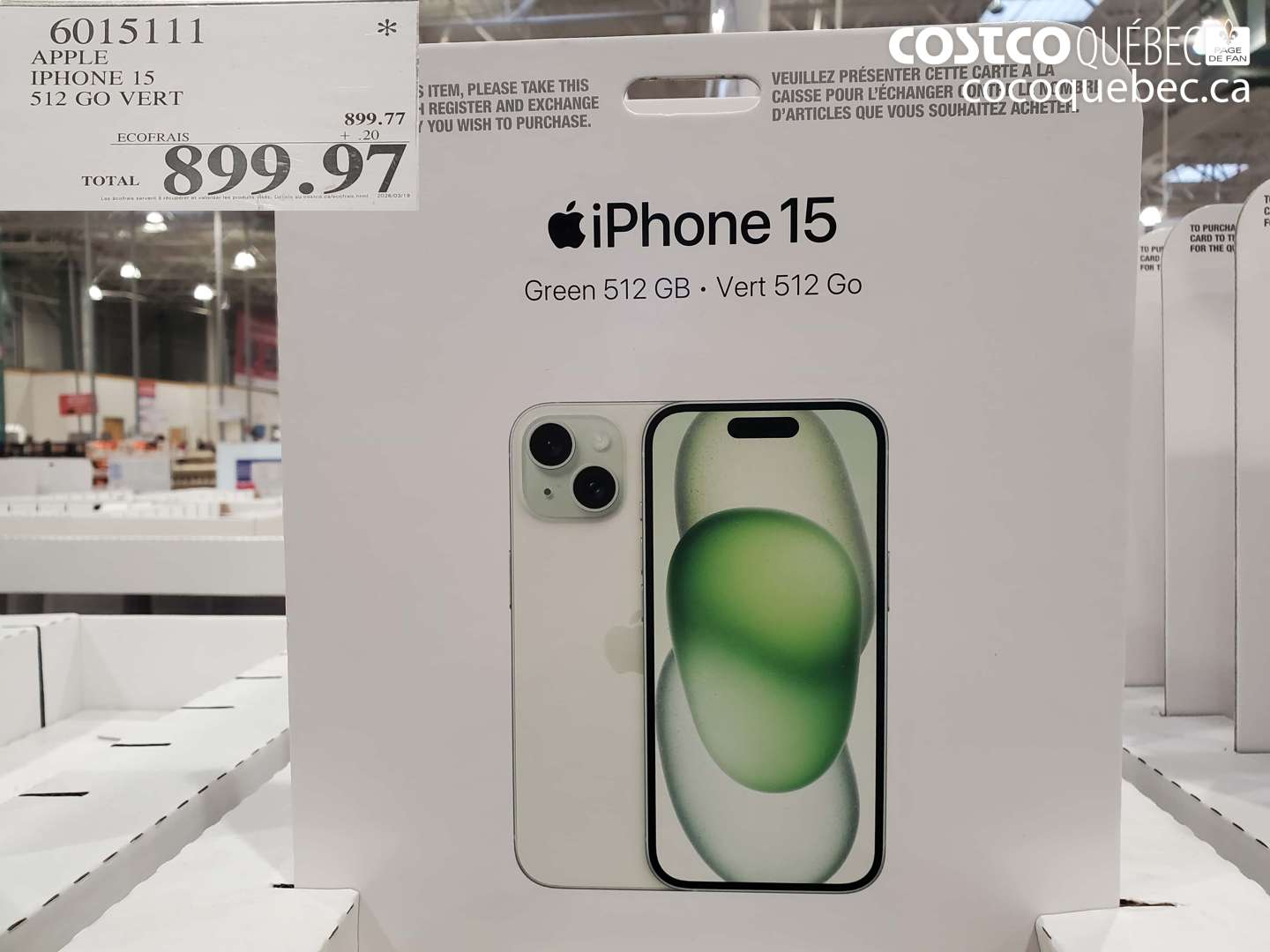 6015111 APPLE IPHONE 15 512 GO VERT $899.97