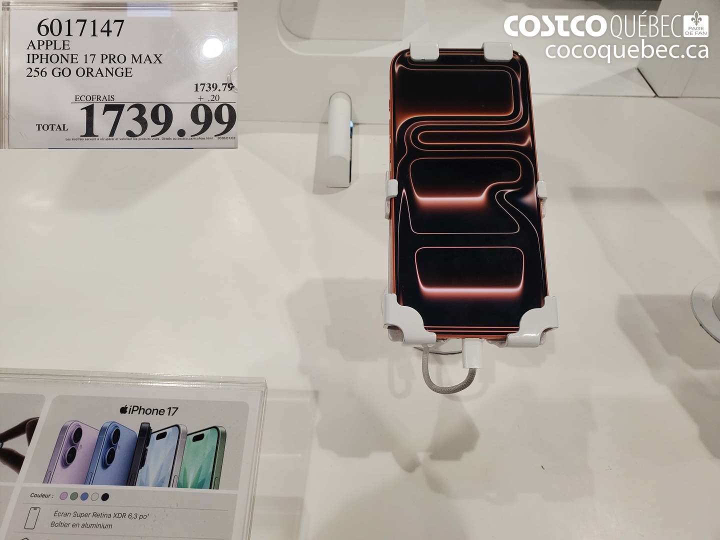 6017147 APPLE IPHONE 17 PRO MAX 256 GO ORANGE $1739.99