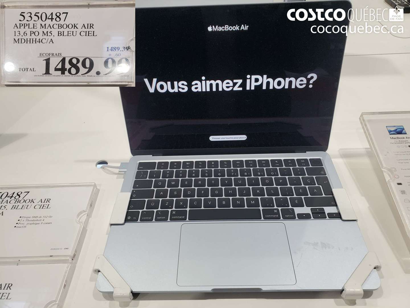 5350487 APPLE MACBOOK AIR 13,6 PO M5, BLEU CIEL MDHH4C/A $1489.99