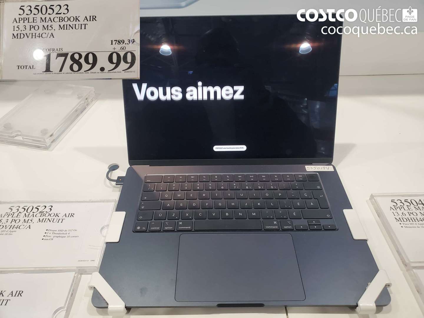 5350523 APPLE MACBOOK AIR 15,3 PO M5, MINUIT MDVHI4C/A $1789.99