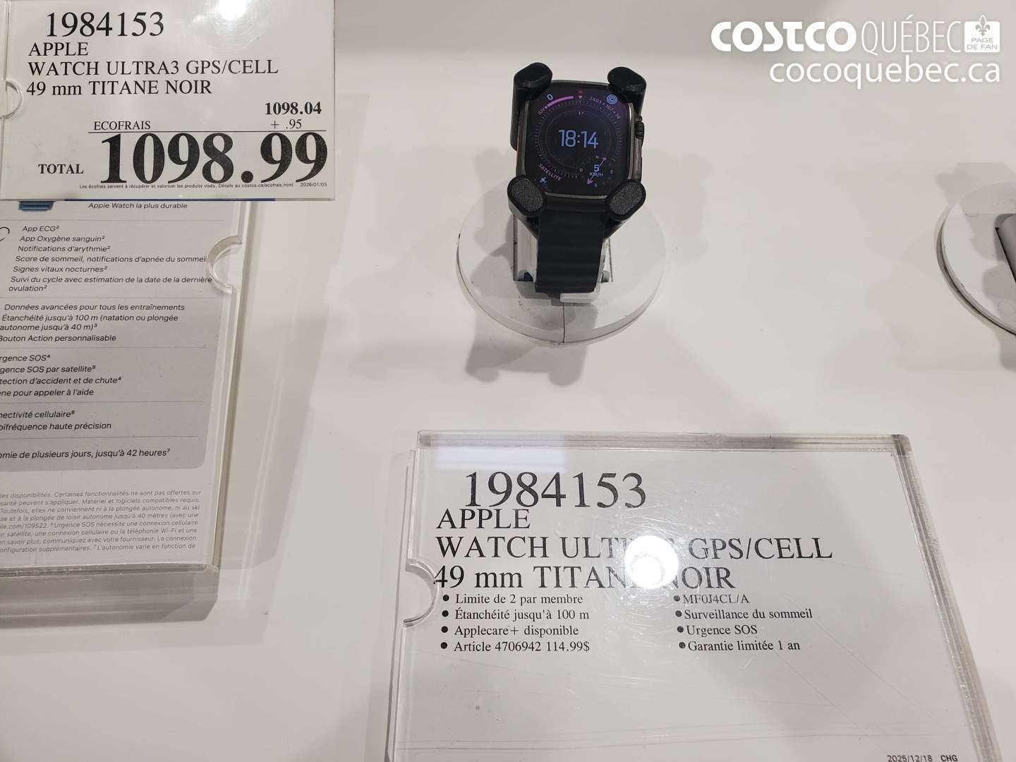 1984153 APPLE WATCH ULTRA3 GPS/CELL 49 MM TITANE NOIR $1098.99