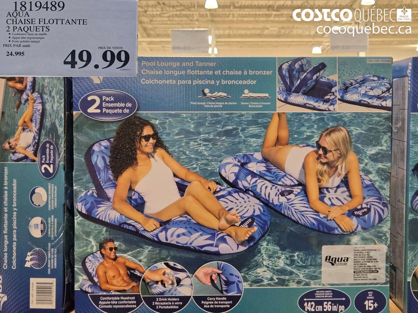 1819489 AQUA CHAISE FLOTTANTE 2 PAQUETS $49.99