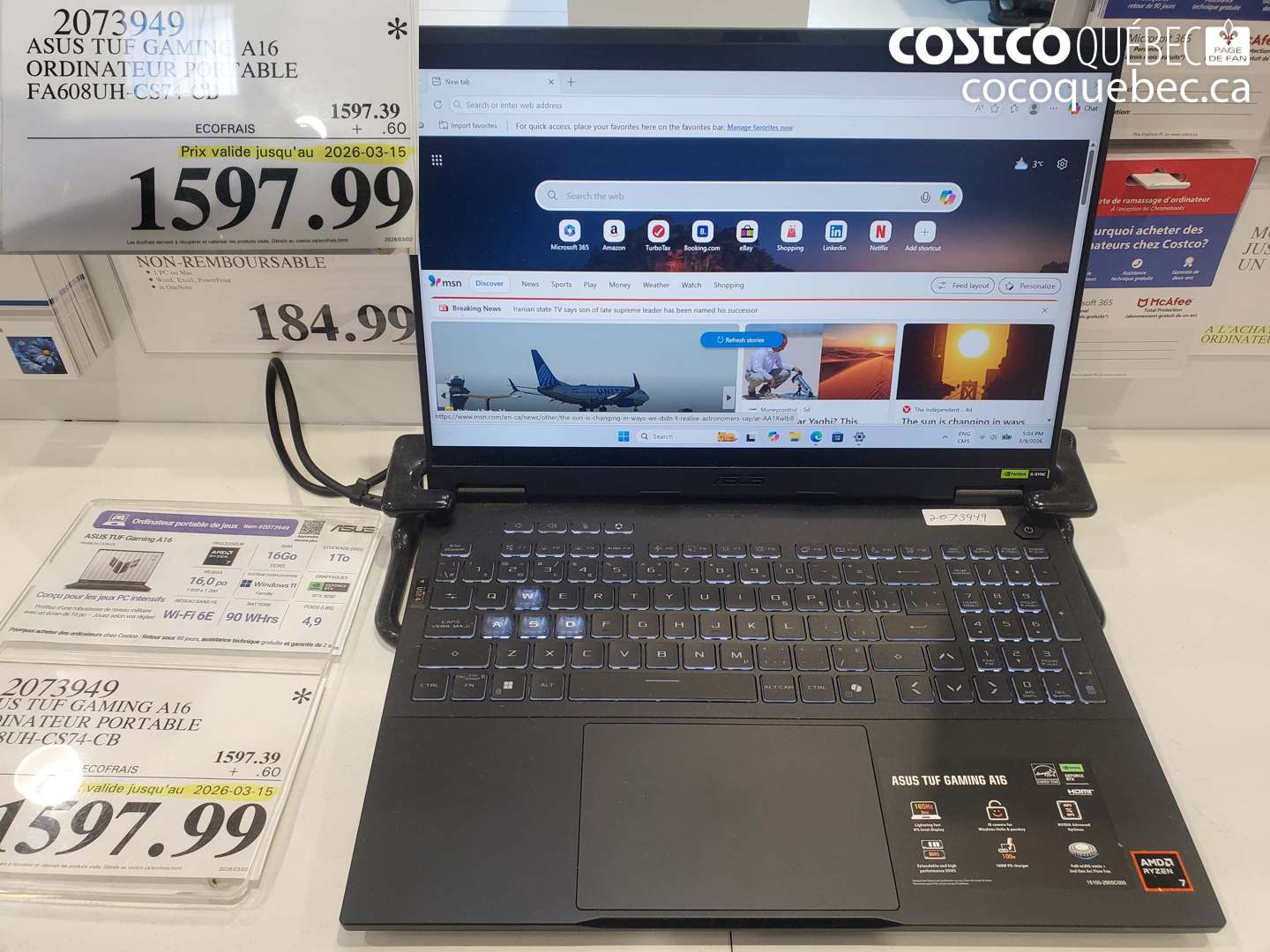 2073949 ASUS TUF GAMING A16 ORDINATEUR PORTABLE FA608UH-CS74-CB (EXPIRES ON 2026-03-15) $1597.99