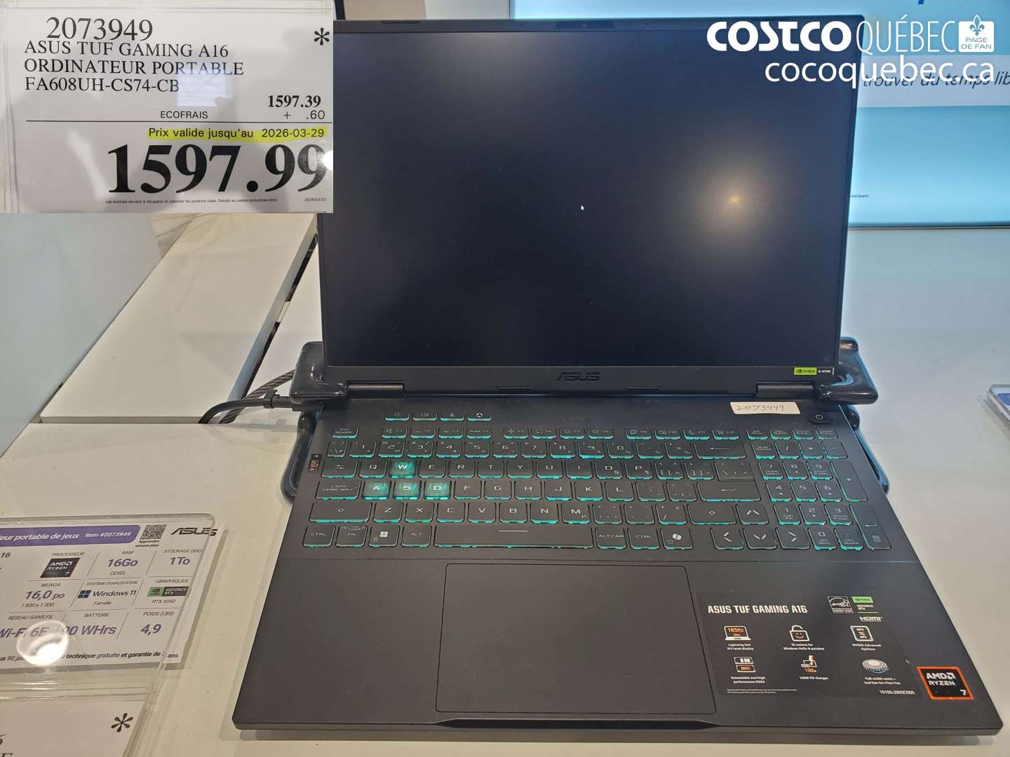 2073949 ASUS TUF GAMING A16 ORDINATEUR PORTABLE FA608UH-CS74-CB (EXPIRES ON 2026-03-29) $1597.99