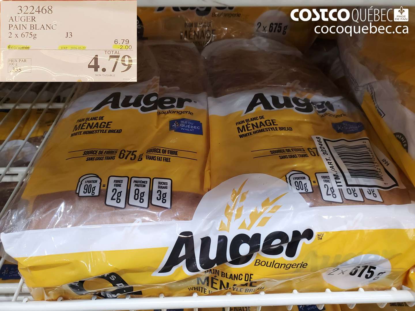 322468 AUGER PAIN BLANC 2 X 675G ($2.00 INSTANT SAVINGS EXPIRES ON 2026-03-22) $4.79